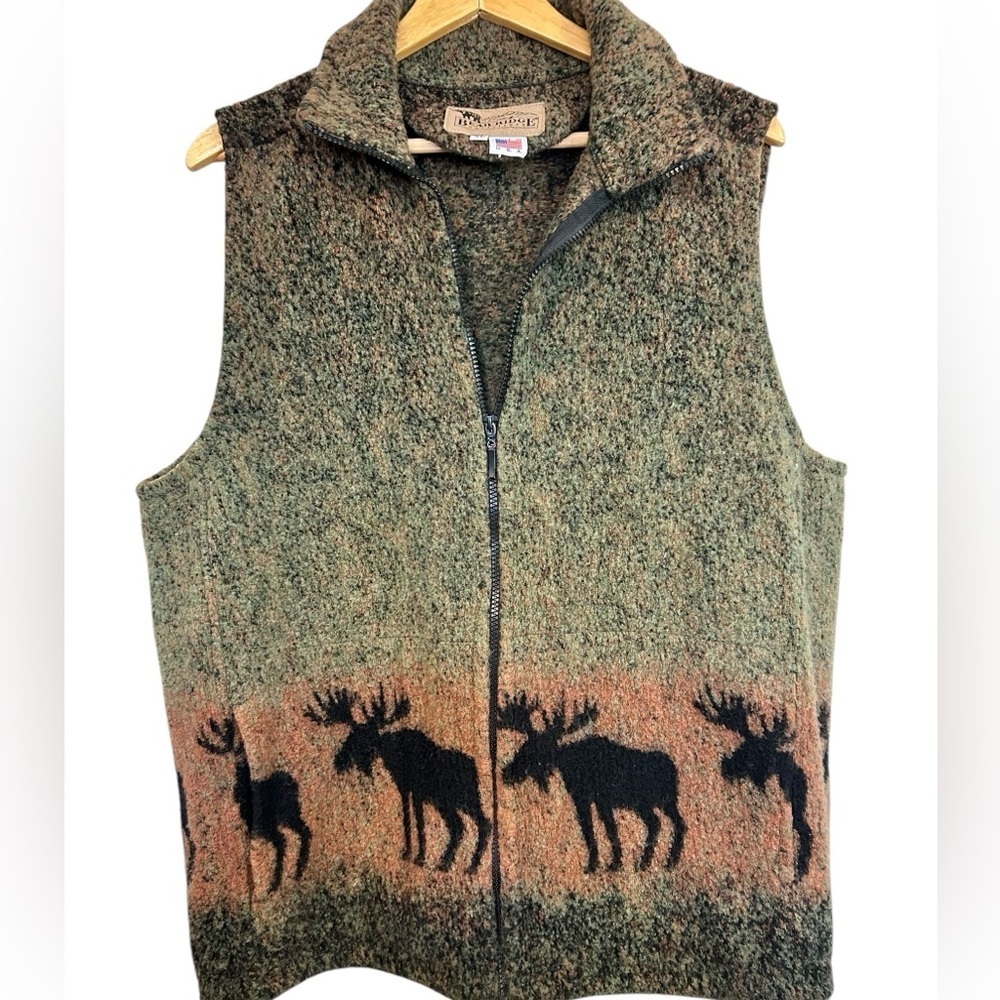 Vintage Bear Ridge Fleece Vest Zipup Brown Moose Print Size XL Unisex Cottagecor